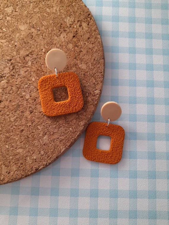 Retro square textured block colour dangle polymer clay earrings - autumn colours - orange and beige earrings