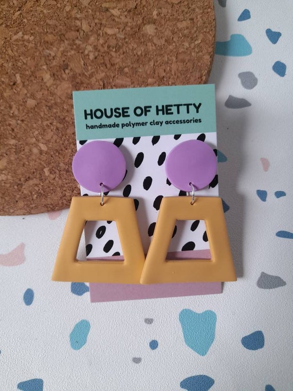 Polymer clay dangle earrings - large trapezoid pale yellow and lilac