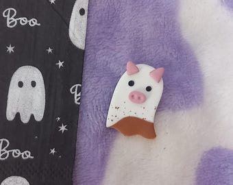 Pin's Badge Cochon fantôme : Ghostimal en pâte polymère - Accessoire effrayant