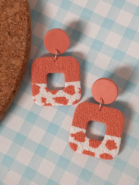 Retro square textured cow print polymer clay earrings - pastel cow print earrings - two tone earrings