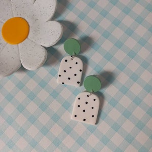 Polymer clay dalmatian spot arch dangle earrings - customisable stud colour