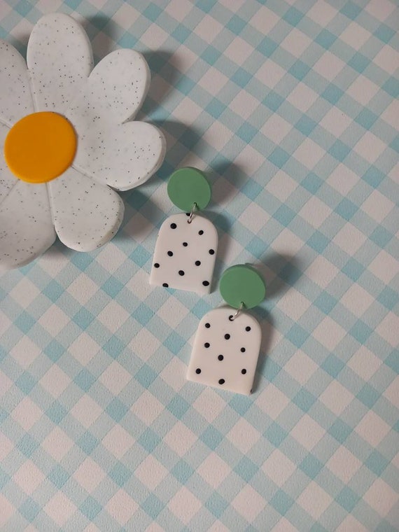 Polymer clay dalmatian spot arch dangle earrings - customisable stud colour