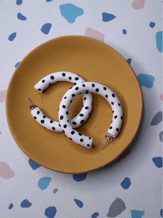 Polymer clay dalmatian spot hoop earrings - lightweight hoop earrings - clay hoop earrings