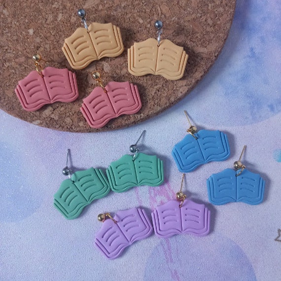 Open book shaped polymer clay dangle earrings - book lover gift - book earrings