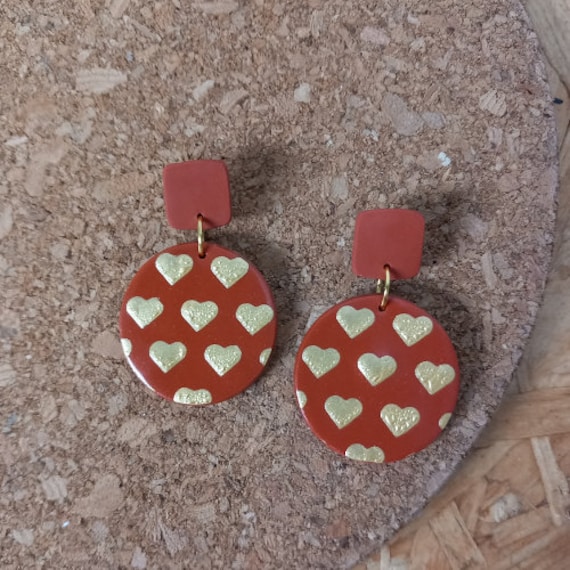 Valentines love heart print polymer clay earrings - valentines gift - valentines earrings - red and gold earrings