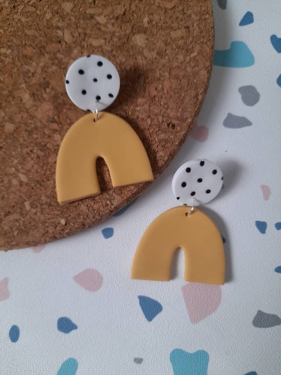 Yellow chunky arch earrings with dalmatian spotted stud - polymer clay arch earrings - summer statement earrings