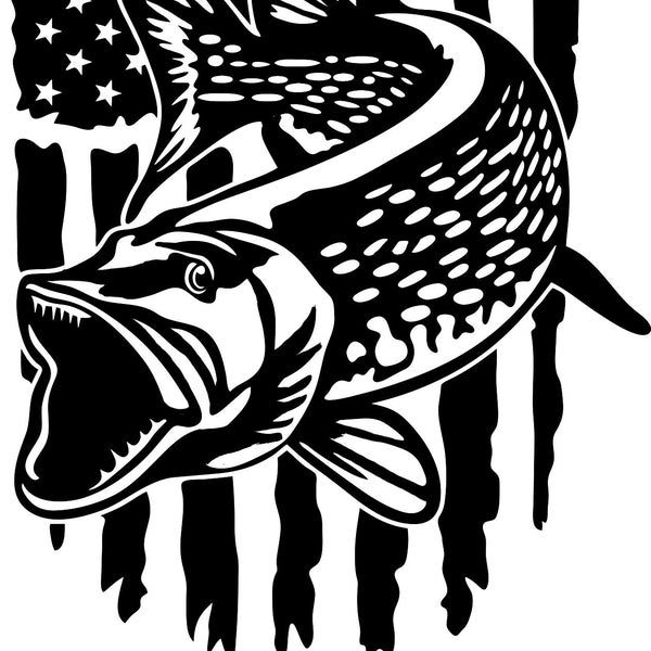 Northern Pike & American Flag Vinyl Sticker | Fish Decal, Fishing Sticker, Tumbler Sticker, Water Bottle Decal, Holographic Car Decal |