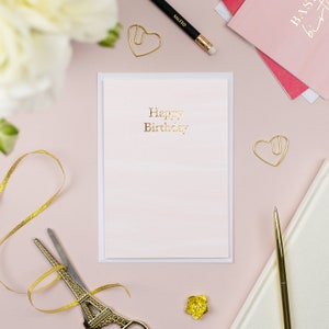 Rose clair Joyeux anniversaire Feuille d’or Imprimée Carte de vœux | carte d’anniversaire de luxe | carte d’anniversaire d’ami | Carte d’anniversaire de collègue