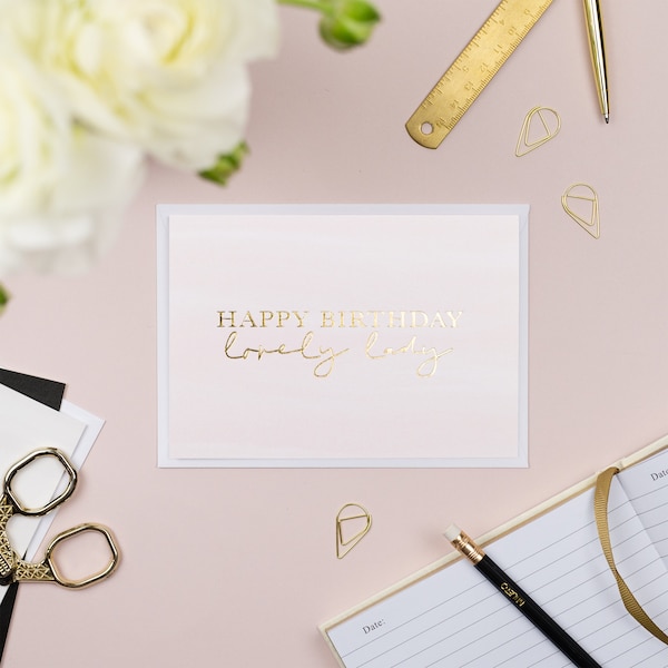 Joyeux anniversaire Lovely Lady Gold Foil Carte de vœux imprimée | carte d’anniversaire de luxe | Belle carte d’anniversaire | Carte d’anniversaire BFF