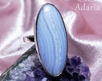 Anillo de ágata de encaje azul plata 925 Tamaño 9 Anillo élfico ajustable.Amuleto de protección.Anillo de hadas