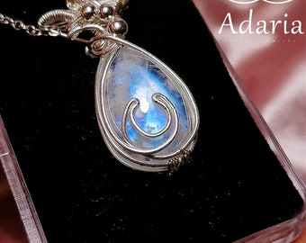 Rainbow Moonstone silver necklace. Wirewrap Rainbow Moonstone Elven necklace.Protection amulet.Fairy necklace