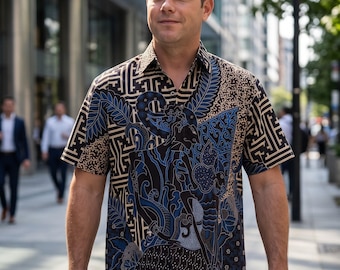 Men's Navy Blue Batik Shirt – Traditional Indonesian Short Sleeve Button-Up (S-5XL)