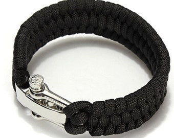 Noir Survie Bracelet Avec Acier Inoxydable U Manille Paracord 550 EDC Cadeau UK