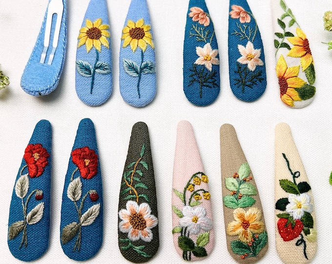 Floral Embroidered Hair Clips, Cute Hair Clip, Flower Linen Hair Clips Handmade, Barrette for girl teen women, Bridesmaid Gift, Gift for her