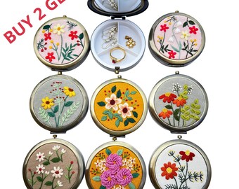 Hand Embroidered Floral Jewelry Box: Travel Keepsake with Mirror