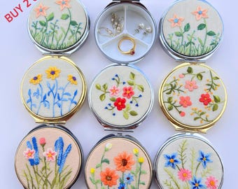 Hand Embroidered Floral Jewelry Box with Mirror, Bridesmaid Gift