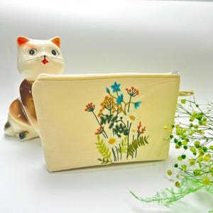 Personalized Floral Embroidered Linen Pouch: Handmade Makeup Bag