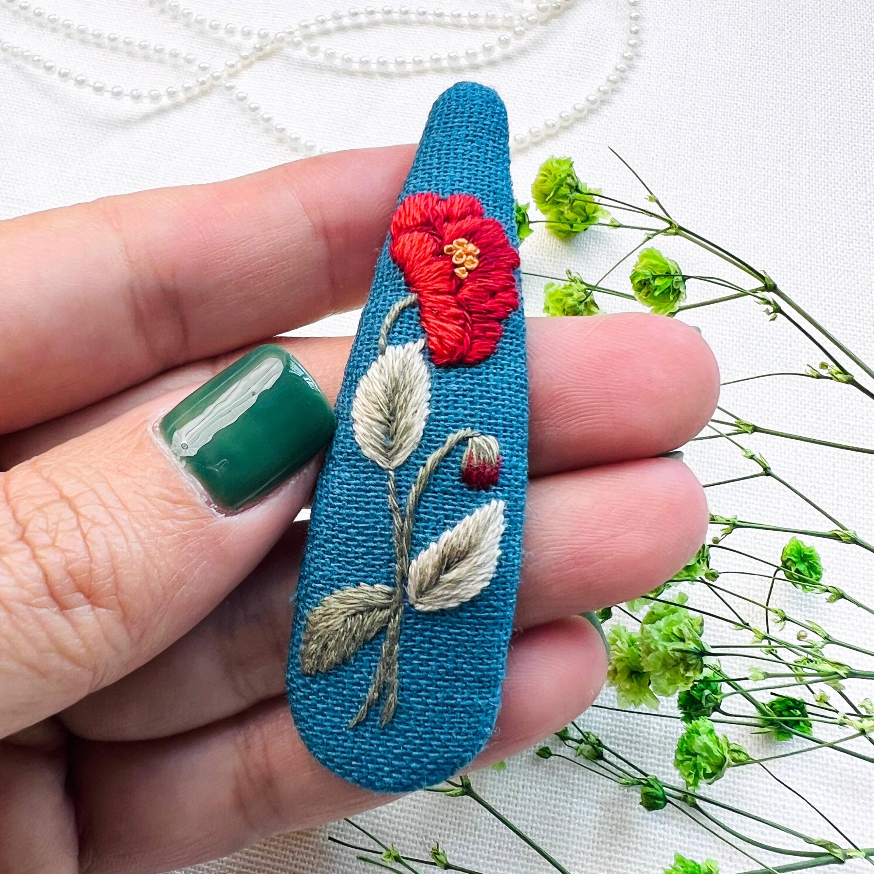 Floral Embroidered Hair Clips, Cute Hair Clip, Flower Linen Hair Clips ...