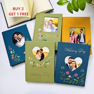 Hand Embroidered Linen Guest Book: Personalized Photo Album, Floral Keepsake