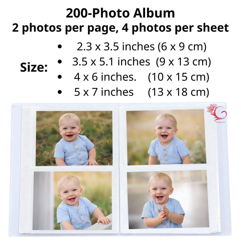May include: A white photo album with four baby photos visible. The album's text reads "200-Photo Album" and lists photo sizes: 2.3 x 3.5 inches, 3.5 x 5.1 inches, 4 x 6 inches, and 5 x 7 inches. Each page holds two photos.