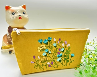 Bolsa de lino personalizada bordada a mano, regalo floral para bodas