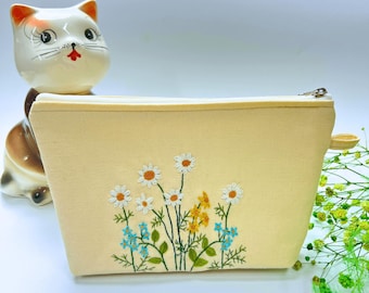 Personalized Embroidered Flower Cosmetic Bag: Handmade Linen Pouch