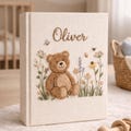 Hand Embroidered Baby Photo Album with Teddy Bear – Personalized Linen Baby Memory Book, Newborn Keepsake Album product logo
