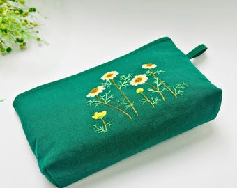 Handmade Linen Clutch: Daisy Embroidered Coin Purse, Floral Makeup Bag