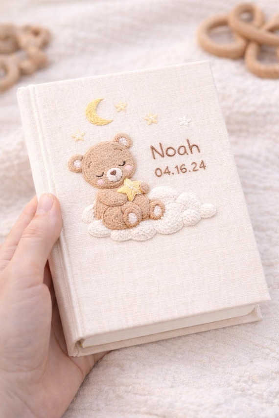 Hand Embroidered Baby Photo Album – Personalized Sleeping Teddy Bear Linen Keepsake, Newborn Memory Book with Name & Date