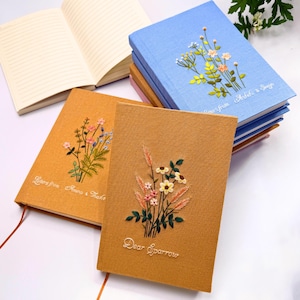 Diario bordado a mano A5: Cuaderno de lino floral personalizado