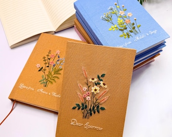 Diario bordado a mano A5: Cuaderno de lino floral personalizado
