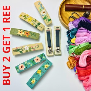 Handmade Linen Floral Embroidered Hair Clip: Snap Clip Accessory