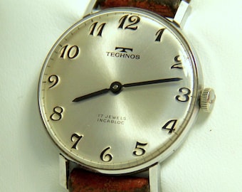 Vintage Technos Breguet Silver Dial Swiss Watch: Mid-Century Mechanical 17 Jewels