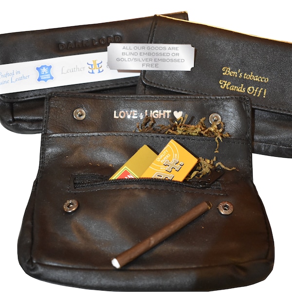 Personalised Fully Lined Black Genuine Leather Tobacco Pouch