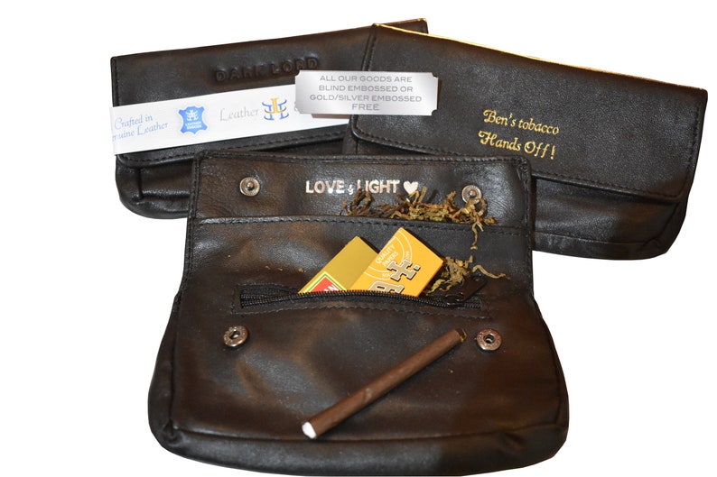 Personalised Fully Lined Black Genuine Leather Tobacco Pouch image 1