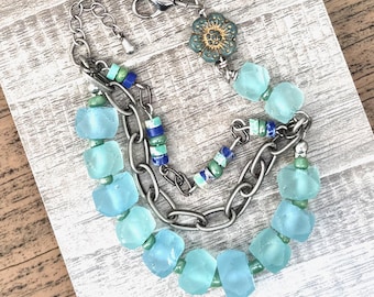 Triple strand blue bracelet recycled java glass beaded jewelry, Czech flower, antique silver chain 3 layer boho, three strand bohemian style
