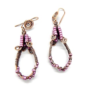 Woven Copper Teardrop Earrings: Purple Glass Seed Beads, Spiral Hooks