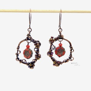 Handmade Copper Wire Wrapped Czech Glass Hibiscus Earrings: Floral Nature Jewelry image 2