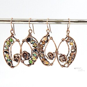 Antique Copper Filigree Swirl Statement Earrings: Crystal Beads, Wire Wrap Rose Accents
