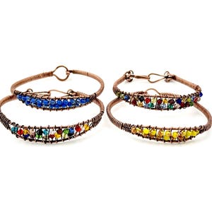 Patina Copper Wire Wrapped Bangle Bracelet, Colorful Crystal Boho Chic Jewelry