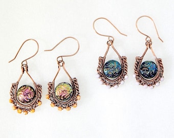 Braided teardrop copper earrings woven wrap with Czech glass magenta green, or amethyst coin bead intricate handmade jewelry gift for woman