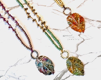 Leaf necklace and earring t-shirt jewelry set on knotted macrame cord clay boho textured springtime pendant handmade mom friend gift idea