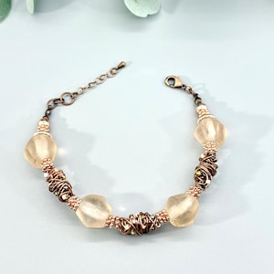 Chunky Statement Bracelet 8 1/2 inches, Champagne Recycled Java Glass Beaded Antique Copper Jewelry,  Earthy Organic Gift for Woman