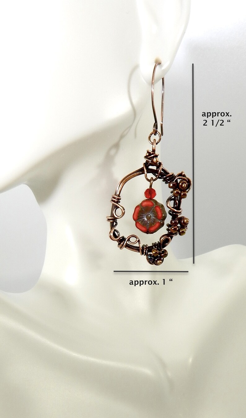 Handmade Copper Wire Wrapped Czech Glass Hibiscus Earrings: Floral Nature Jewelry image 6