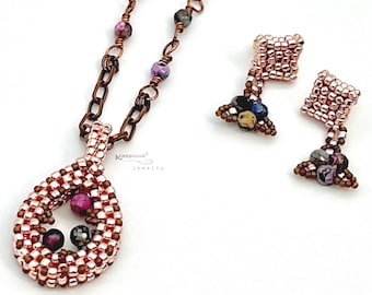 Beaded necklace set stitched woven teardrop metallic rose gold jewelry oval pendant copper wrap gemstones  stud earring handmade gift idea