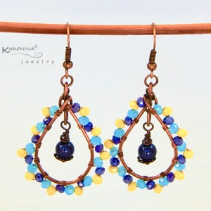 Teardrop Copper Earrings: Blue Pearl Dangle, Multicolor Glass Beads