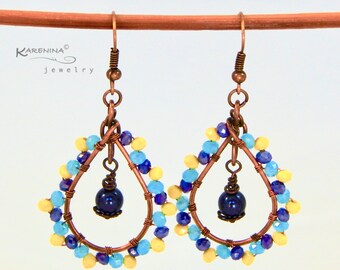Blue yellow wire wrap beaded earrings in antique copper, teardrop jewelry with blue pearl dangle multicolor glass beads, casual fun gift