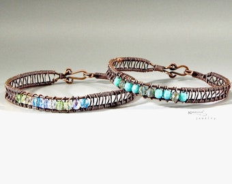 Copper woven bangle bracelet Czech polished glass beads in turquoise blue aqua or faceted multicolor crystals handmade unique gift for women