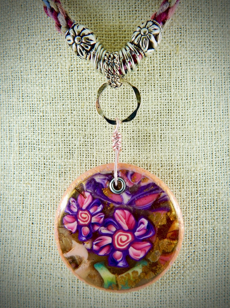 polymer clay resin floral pendant necklace boho,kumihimo necklace polymer flower jewelry,clay jewelry pink flower pendant