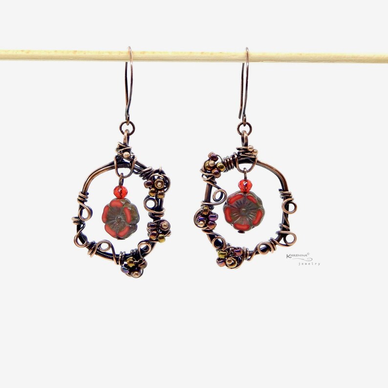 Handmade Copper Wire Wrapped Czech Glass Hibiscus Earrings: Floral Nature Jewelry image 2